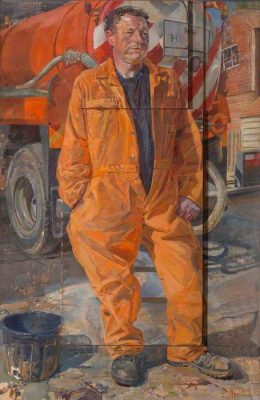 Daphne Todd, Trevor Tasker, Cesspit Emptier (2000). 152 x 99 cm. Oil on panel.