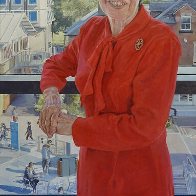 A commissioned portrait painting of a woman with an OBE