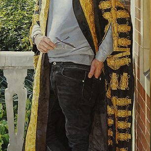 A commissioned portrait painting of a sir in trainers