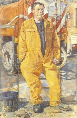 Daphne Todd 'Trevor Tasker, Cesspit Emptier' (2000). 60 x 40 ins. Oil on Raised Panels