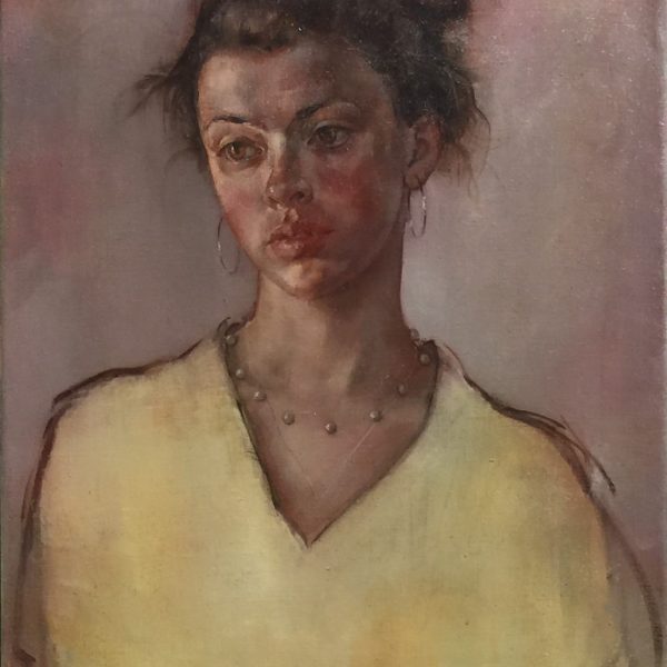 Anthony Connolly portrait c ommission of a young woa in a yellow dress, head and shoulders in oil