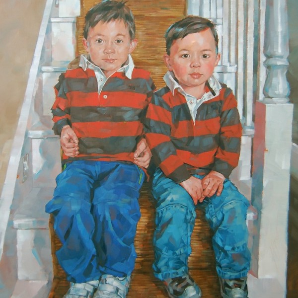 Simon Davis portrait commission of two children in oil