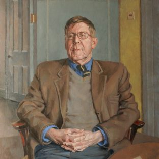 Sam Dalby 'Alan Bennett' half length seated portrait of the national treasure