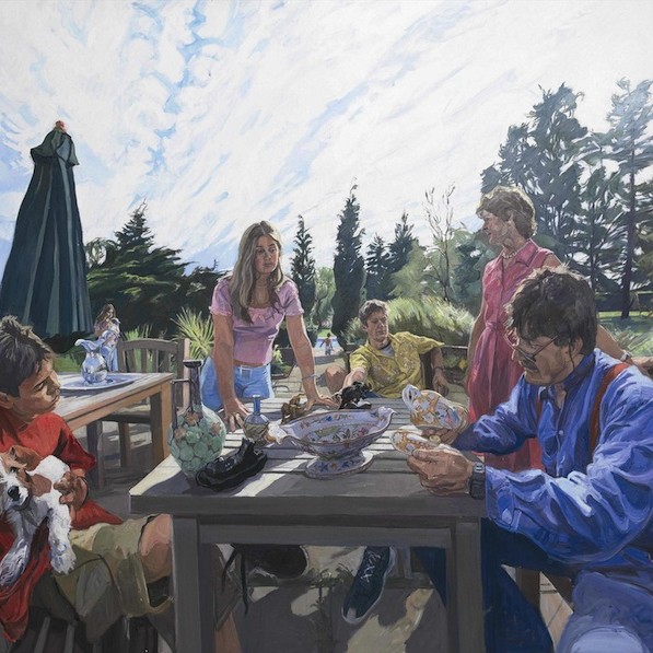 John Wonnacott 'Tim Wonnacott & Family, Examining a Curious Object' (2004-5). 72 x 96 ins. Oil.