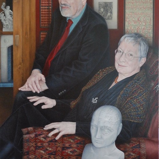 This portrait commission is of two academics. The objects in this double portrait are carefully selected by Emma to tell about their interests and passions and their life together