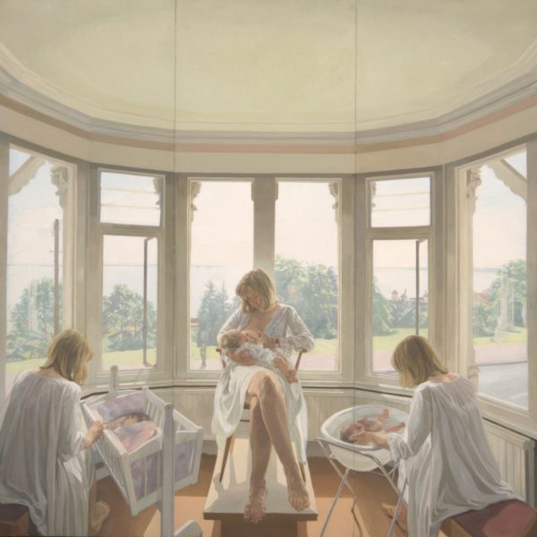 portrait of mother and newborn child, nursing and caring