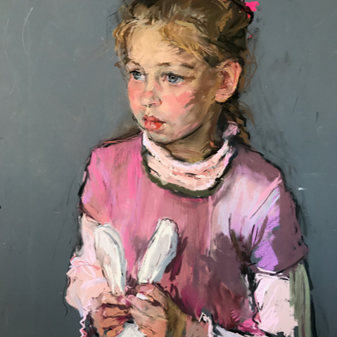 Valeriy Gridnev ‘Olia’ A pastel portrait of a child holding her toy rabbit by Valeriy Gridnev