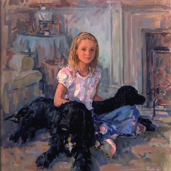 'Phoebe with Mungo and Mollie' an oil portrait painting of a girl with dogs by the eminent portrait painter, Susan Ryder