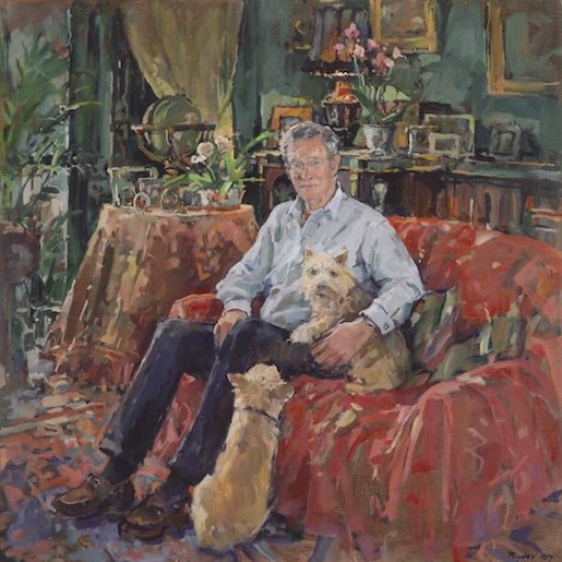 Oil portrait painting commission of a man with two dogs by Susan Ryder - 'Richard Bernays'