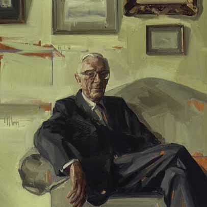 Portrait of Lord Carrington seen seated by eminent artist Tai Shan Schierenberg