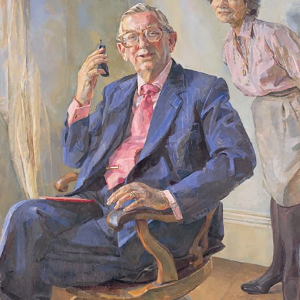 Oil portrait of a couple by Daphne Todd 'Lord Sainsbury with Lady Sainsbury popping in'