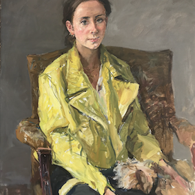 Valeriy Gridnev ‘Connie’ A seated oil portrait of Connie wearing a yellow jacket painted by Valeriy Gridnev