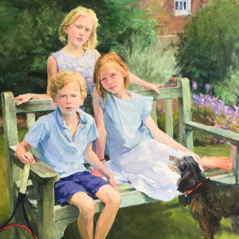 Valeriy Gridnev ‘Family portrait, three children with their dog’ A portrait painting of three children commissioned by their parents - dog included
