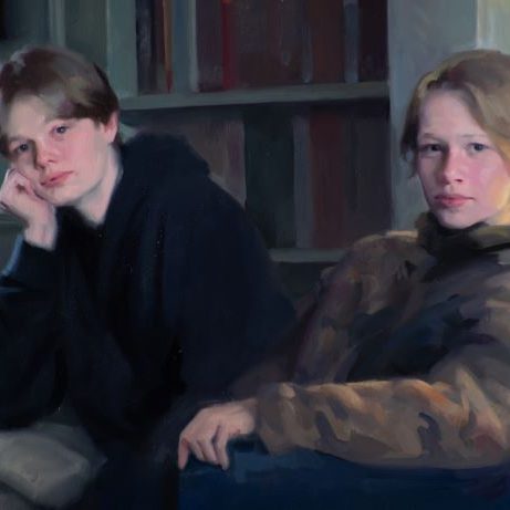 Frances Bell Oil Portrait of Two Brothers in the Library Commissioned