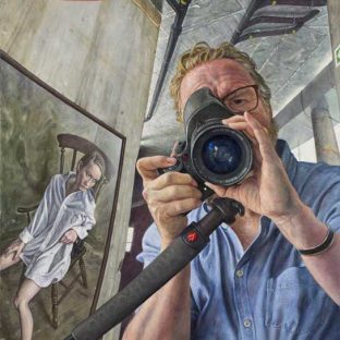 Michael Taylor 'Portrait of the photographer with seated girl' A painted portrait of a portrait photographer