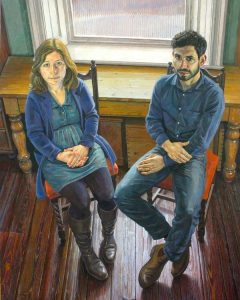 Sam Dalby, Alex and Liz a portrait commissioned as a wedding gift of a young couple. They are relaxed and seated next to each other united by light and their knees touching