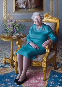 Miriam Escofet Portrait of HM Queen Elizabeth II oil on linen over panel 140 x 100 cm commisisoned by thefor the Foreign Commonwealth and Development Office