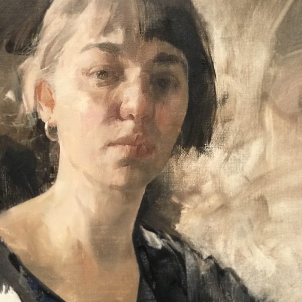 Martin Brooks’Portrait of ZsaZsa’ Head and shoulders portrait of a young woman in oil