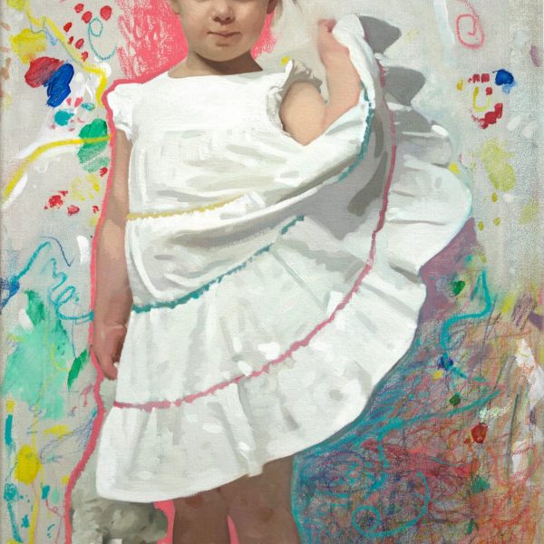 Jamie Routley Ivy aged 4 Potriat of a young girl in a white dress with an abstract background of paint and colour