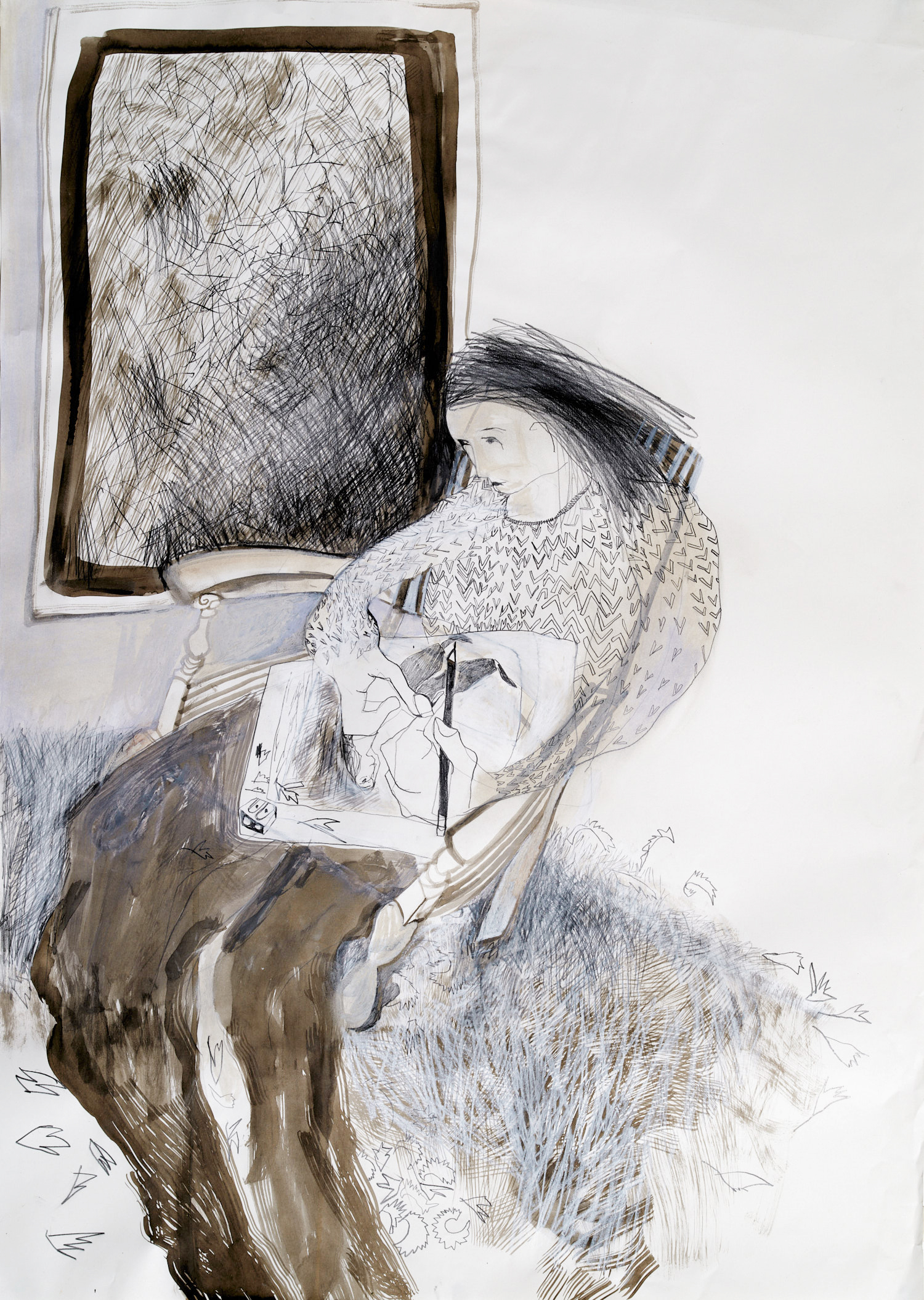 Jane Mckeating, 'Self portrait drawing on a Rainy Day'